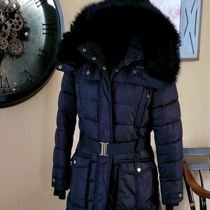 French Connection Black Puffer Coat with Black Faux Fur